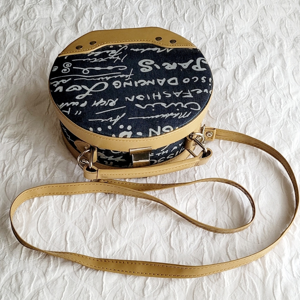 Small Canvas Circle Purse handbag Crossbody Purse With Mirror Blue Beige - Picture 6 of 9